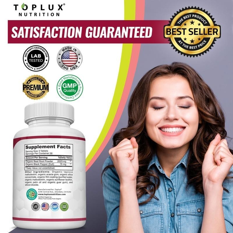 3PCS -TopLux Organic Beet Root 2040mg–90Tablets–Energy,Circulation&Antioxidant