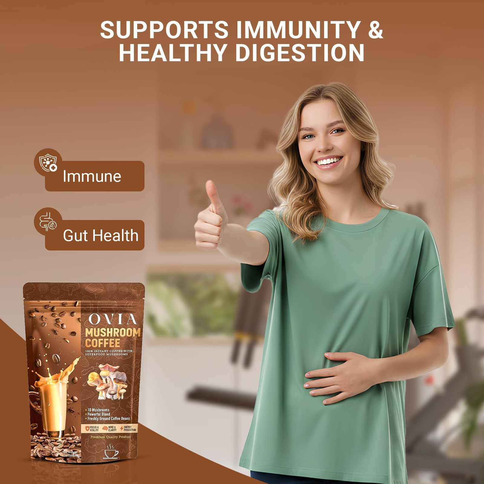 OVIA Natural 10 Mushroom Coffee with 3500mg for Weight Management, Focus & Gu…