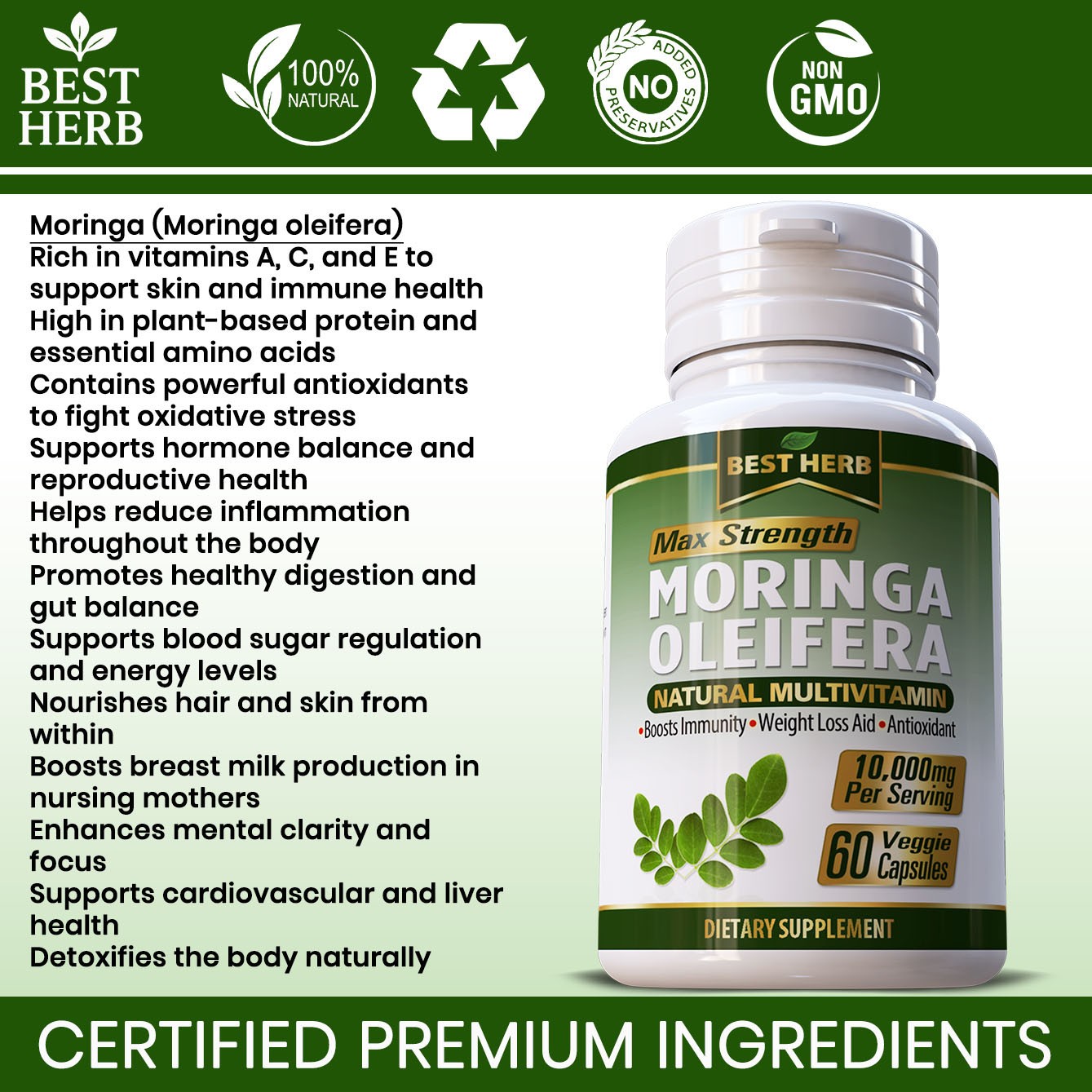 180 PILLS ORGANIC MORINGA LEAF PURE EXTRACT 10,000mg MULTIVITAMIN IMMUNE BOOSTER