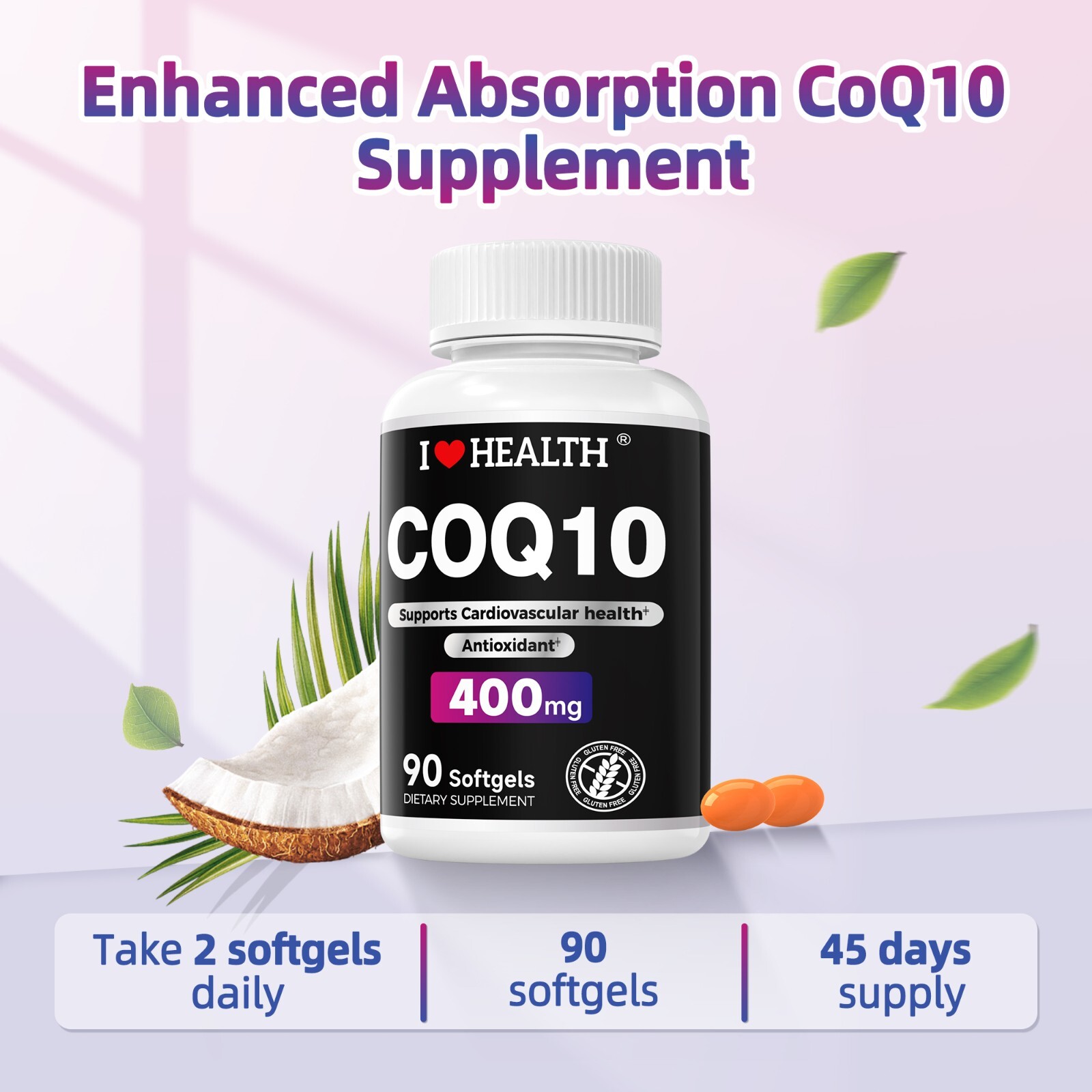 CoQ10 400mg Softgels, Dietary Supplement for Heart Health Support, 90 Softgels