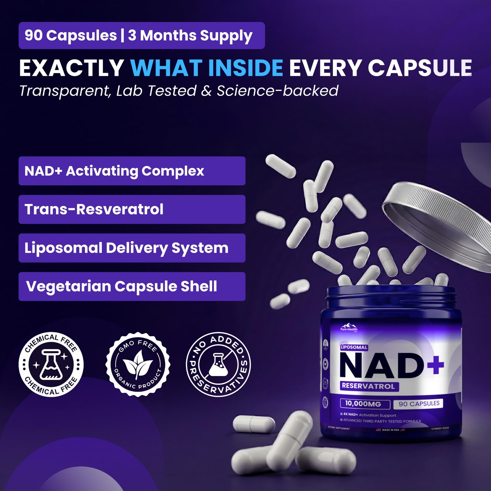 PHM NAD Resveratrol Supplement – 10,000MG Extra Strength | NAD+ Liposomal Sup…