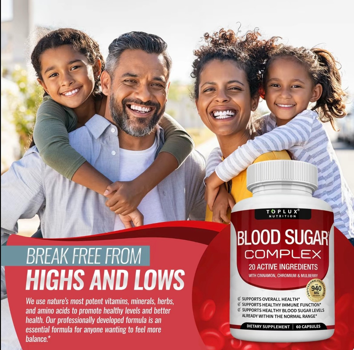 Toplux Blood Sugar Complex Capsules 20 Vitamins Minerals Vegan Non-GMOMetabolism