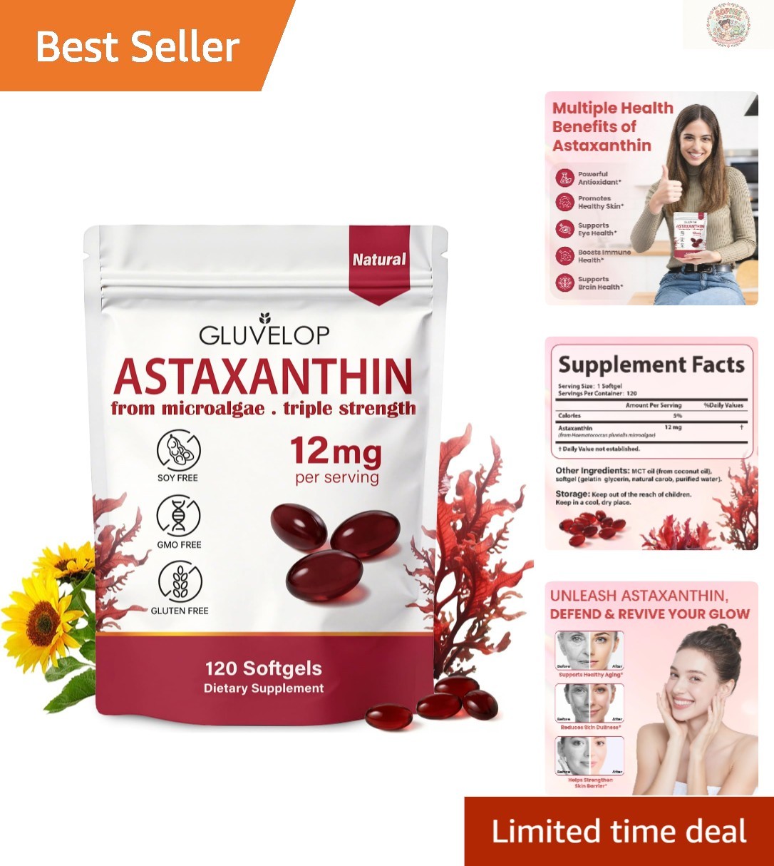 120 Count Astaxanthin 12mg Softgels – Antioxidant for Overall Wellness