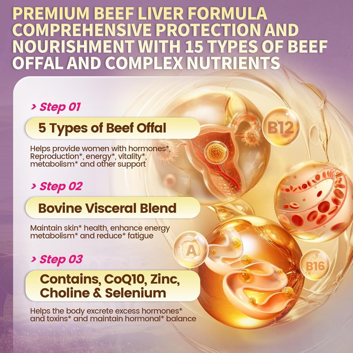 VivoNu 100% Grass Fed Beef Organs for Women Hormone Balance Energy 180 Caps