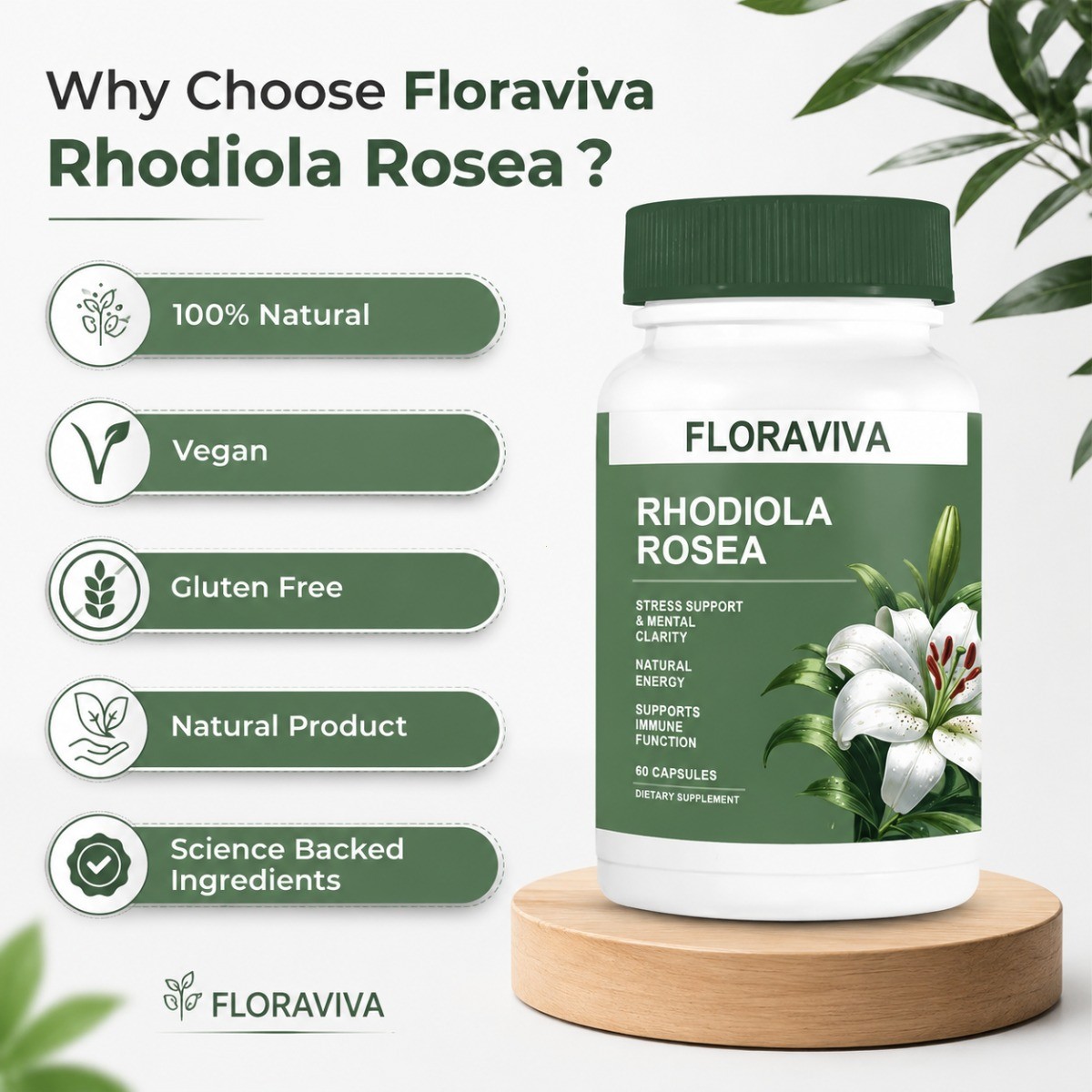 Floraviva Rhodiola Rosea 500mg Capsules Stress Relief Energy Mood Focus Support