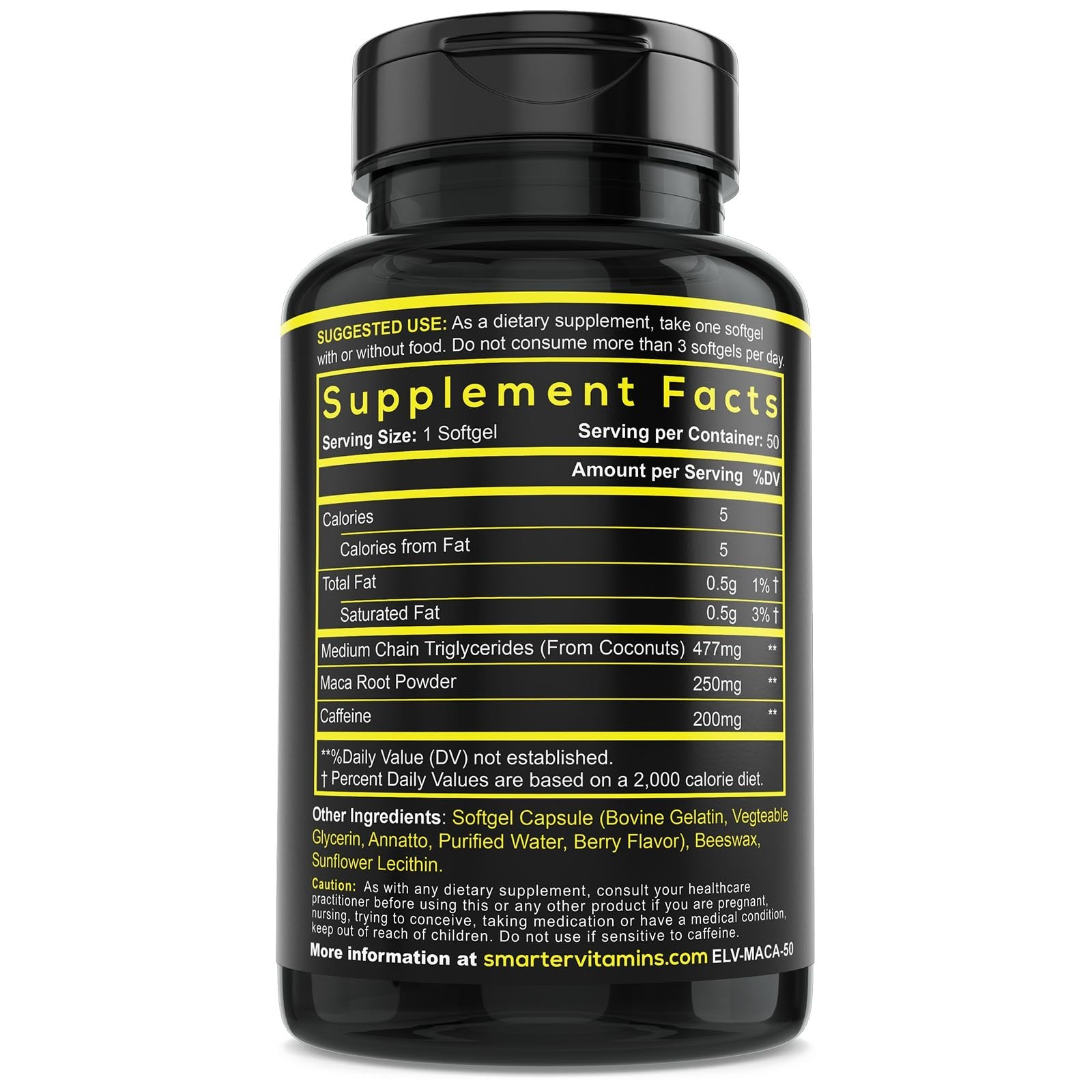 Energy Pills with 200mg Caffeine & Coconut MCT Oil, Maca Root – 50 Softgels