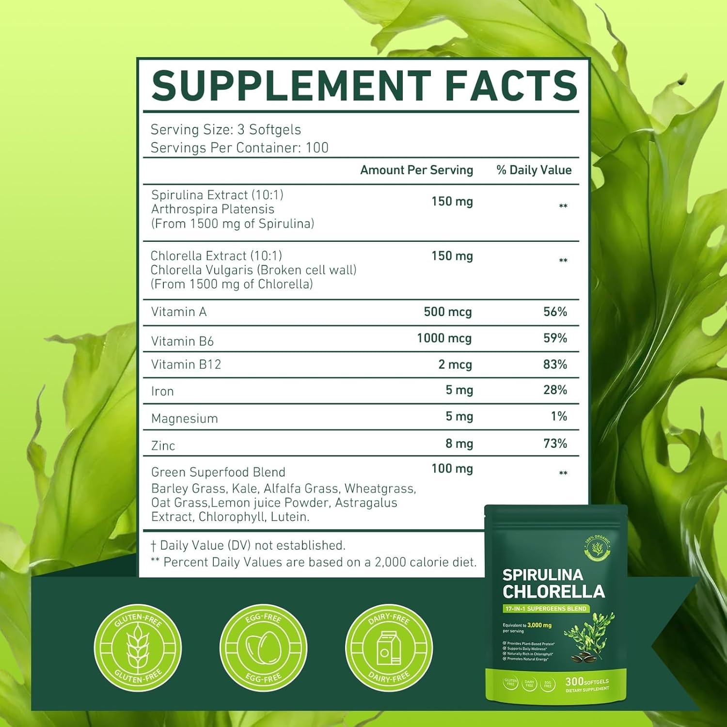 Spirulina Chlorella Softgels Super Greens Blend Barley Grass Natural Energy 300c