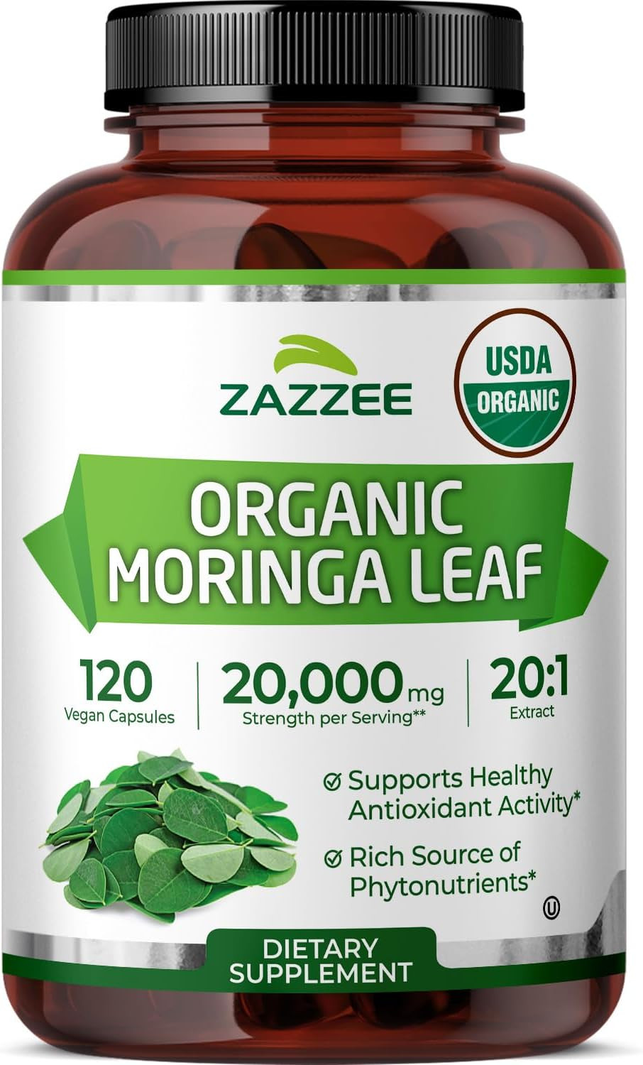 Zazzee Organic Moringa Leaf Extract 1000mg, 120 Vegan Capsules, USA Made