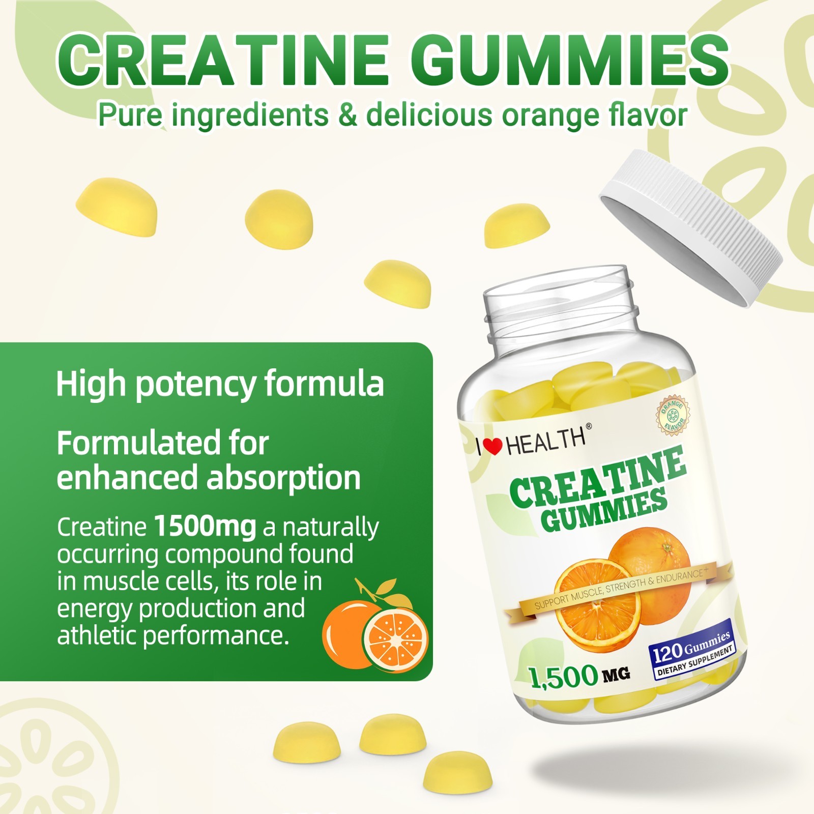 Creatine Monohydrate Gummies, Orange Flavor, 120 Gummies (1500 mg per Gummy)
