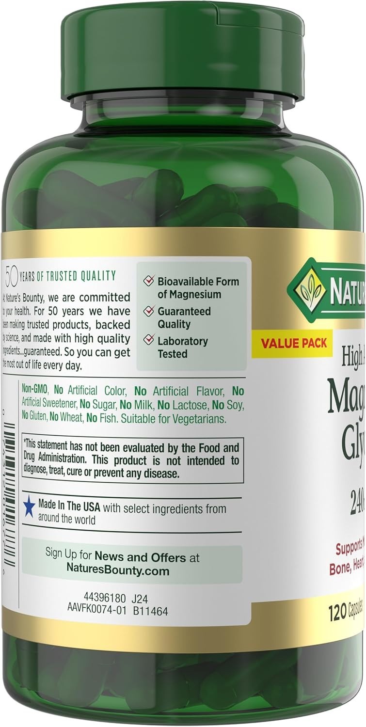 Nature’s Bounty High Absorption Magnesium Glycinate 240 mg, 120 Capsules