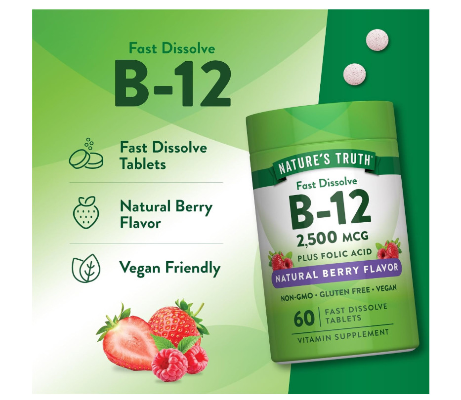 Vitamin B12 2500 mcg Folic Acid Fast Dissolve Berry Energy Vegan 60 Dissolve Tab