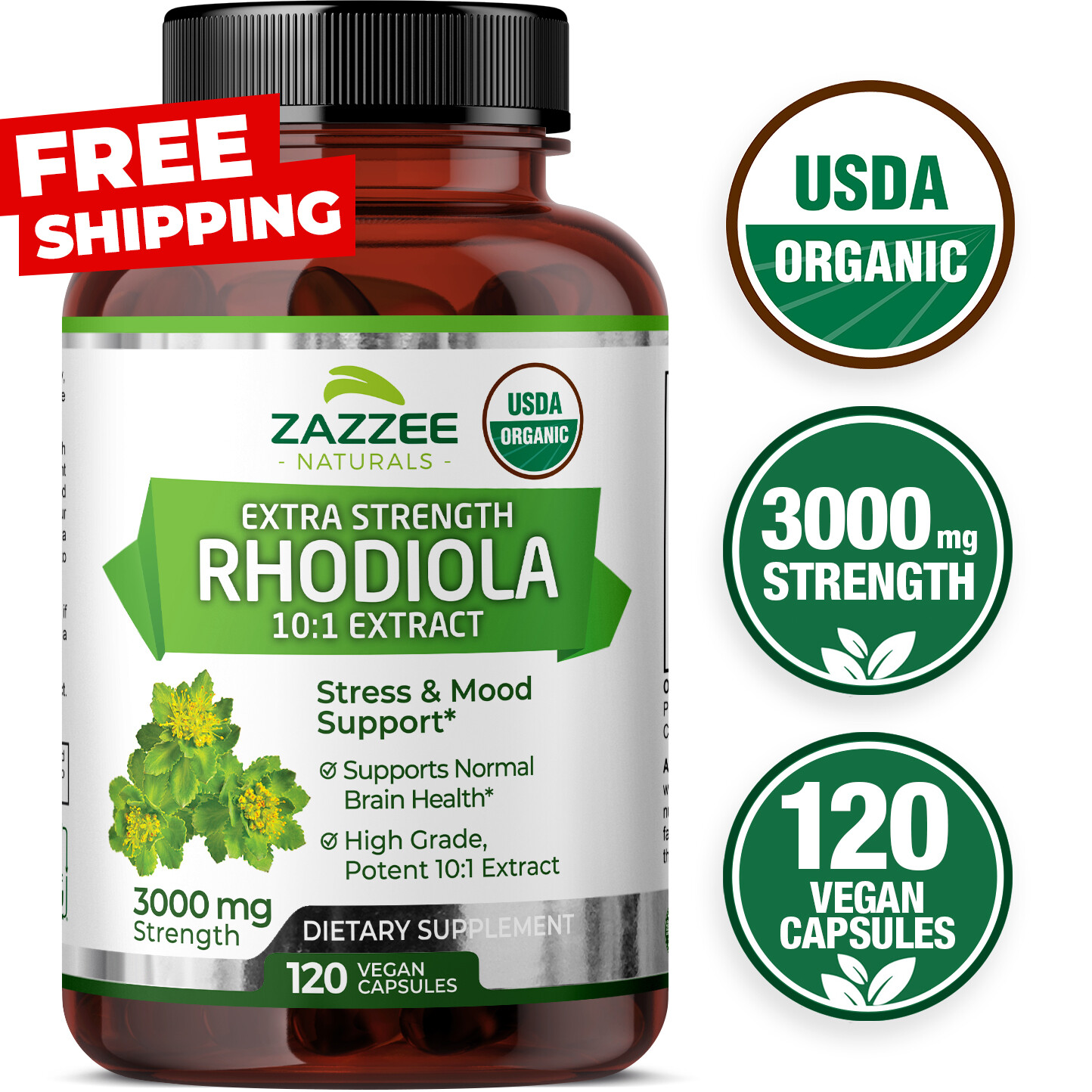 Zazzee USDA Organic Rhodiola 10:1 Exract, 3000 mg Strength, 120 Vegan Capsules