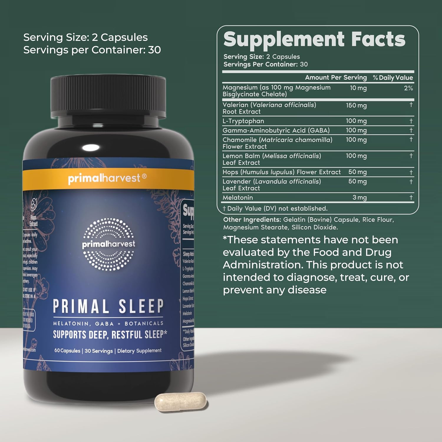 Primal Harvest Sleep Capsules 2 Pack Melatonin Valerian GABA 120Ct Support