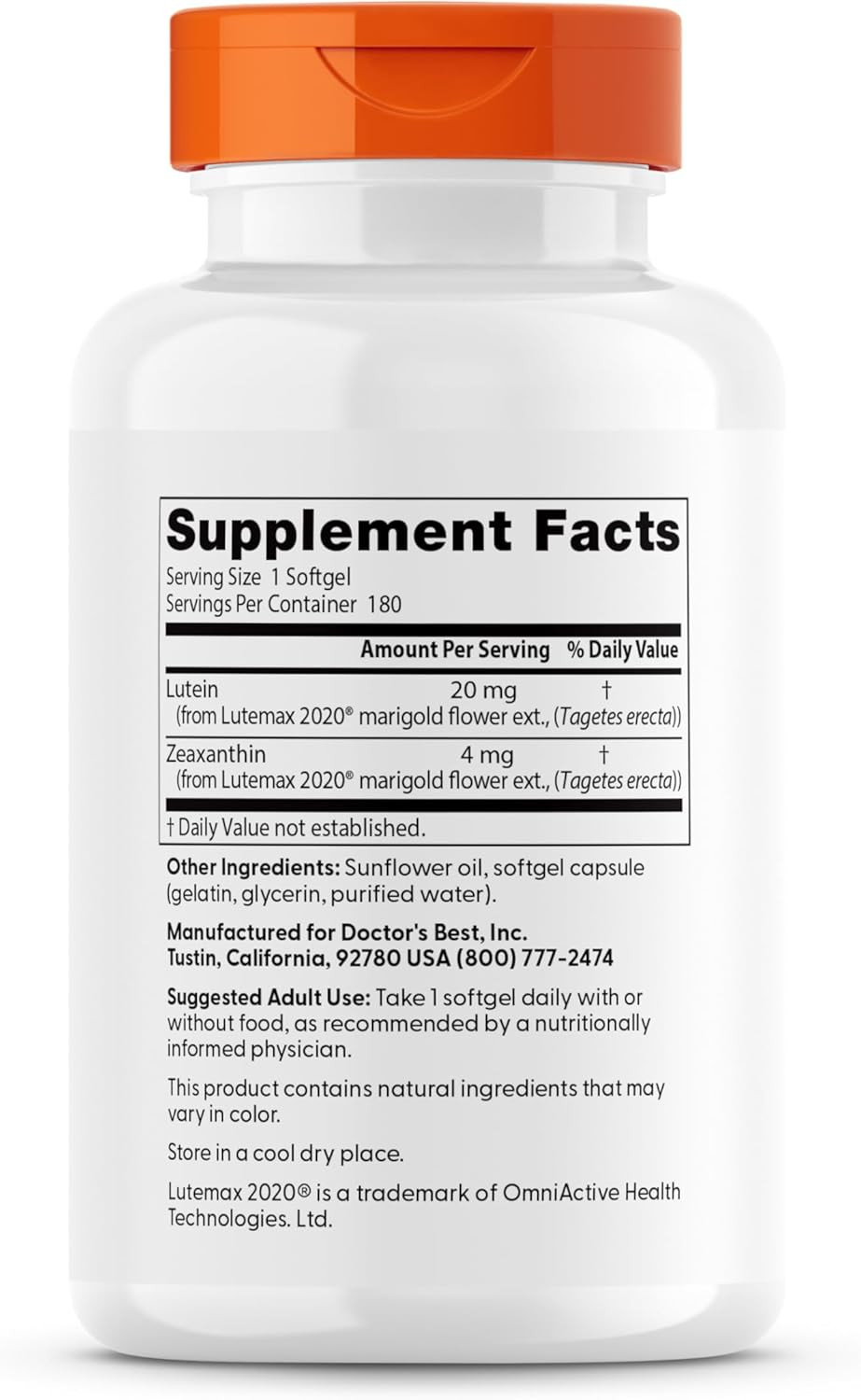 Lutein, 20 Mg, Supports Eye Health & Performance, Non-Gmo, Gluten Free 180 So…