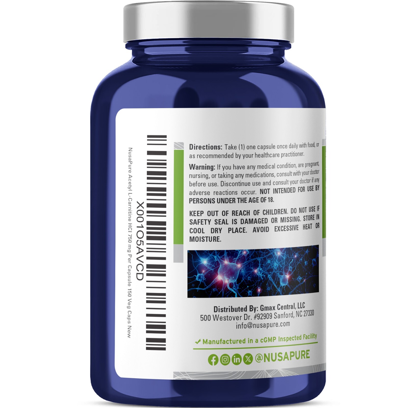NusaPure Acetyl L-Carnitine 750mg Per Caps 150 Veggie Capsules Non-GMO