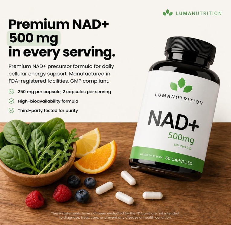 Luma Nutrition NAD+ Supplement 1000Mg, 60 Capsules Aging plus Energy Made in USA