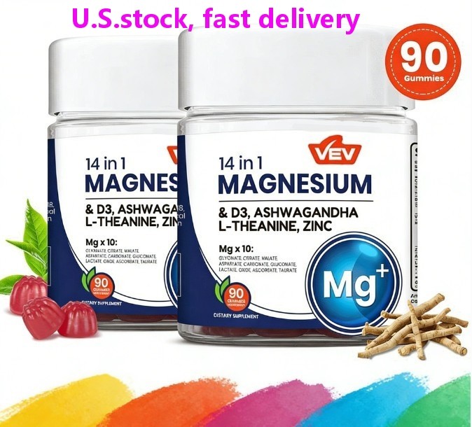 2-Pack VEV 14-in-1 Magnesium Gummies – 10 Mg Types + D3, Ashwagandha – 90 Ct