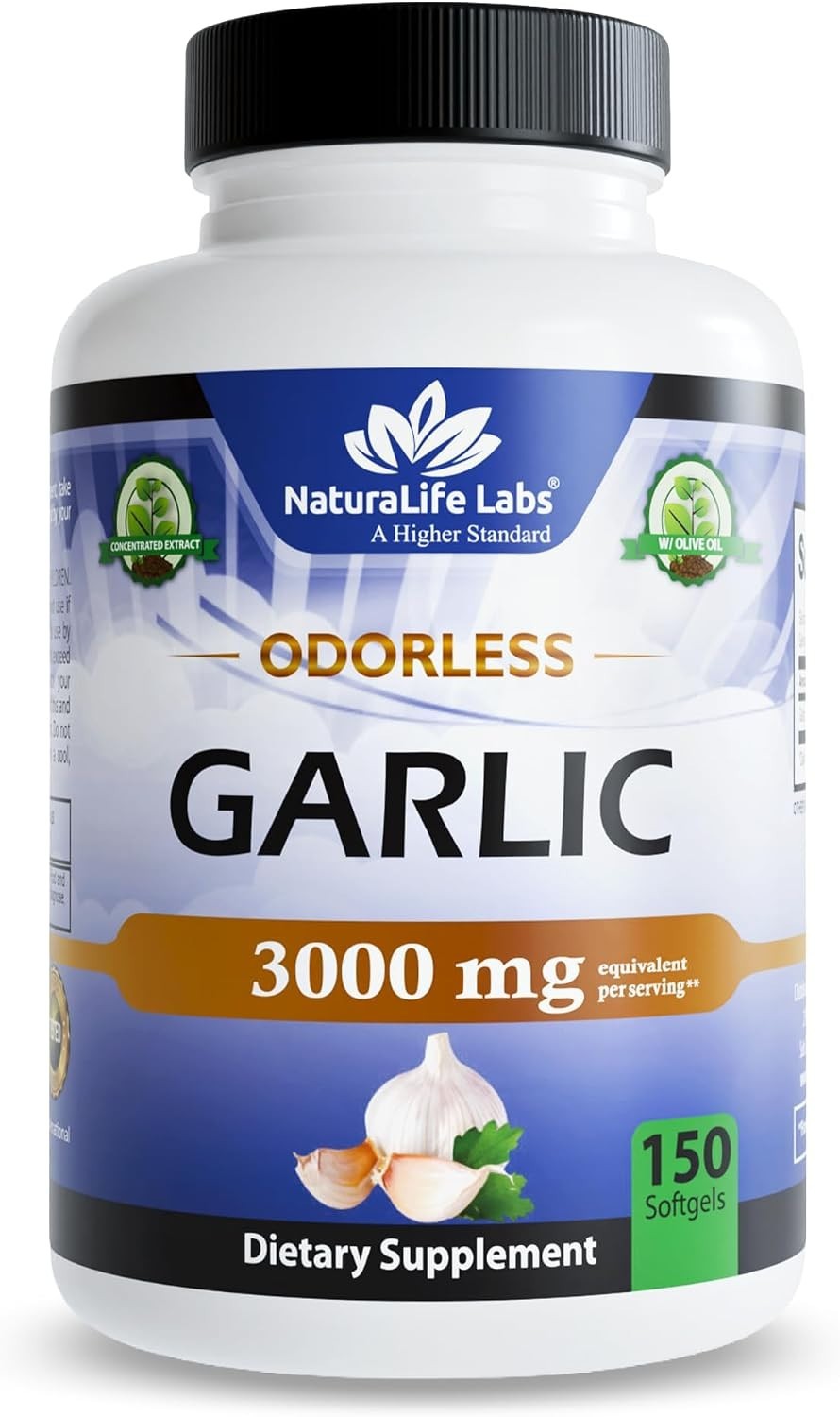 Pure Odorless Garlic with Organic Olive Oil – 150 Softgels, Gluten-Free Formula