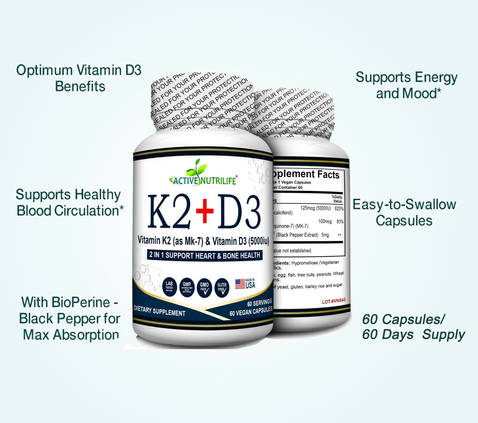 Vitamin K2 + VIT D3 5000 IU with BioPerine for Maximum Absorption (60 Capsules)