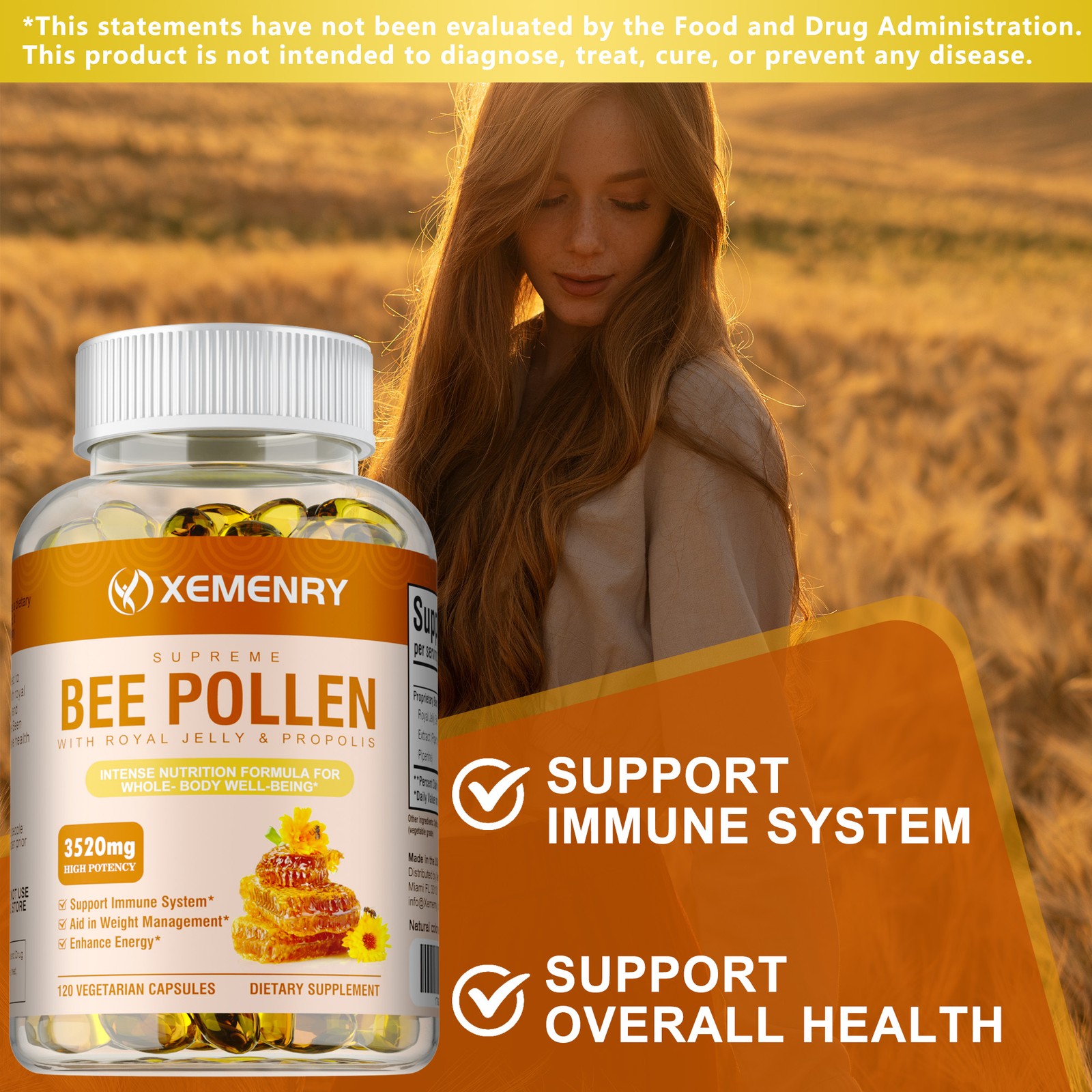 Bee Pollen 3520mg – with Royal Jelly, Propolis, Black Pepper – Enhance Immunity