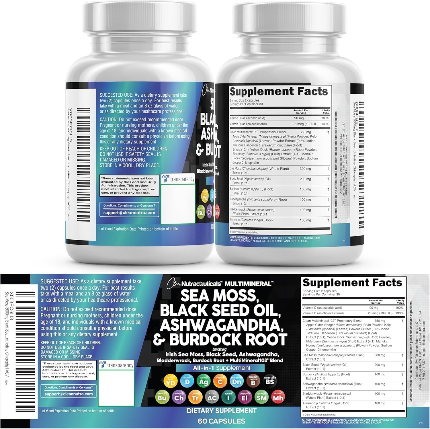 Clean Nutraceuticals Sea Moss Blend Black Seed Ashwagandha Vitamins 60 Caplets