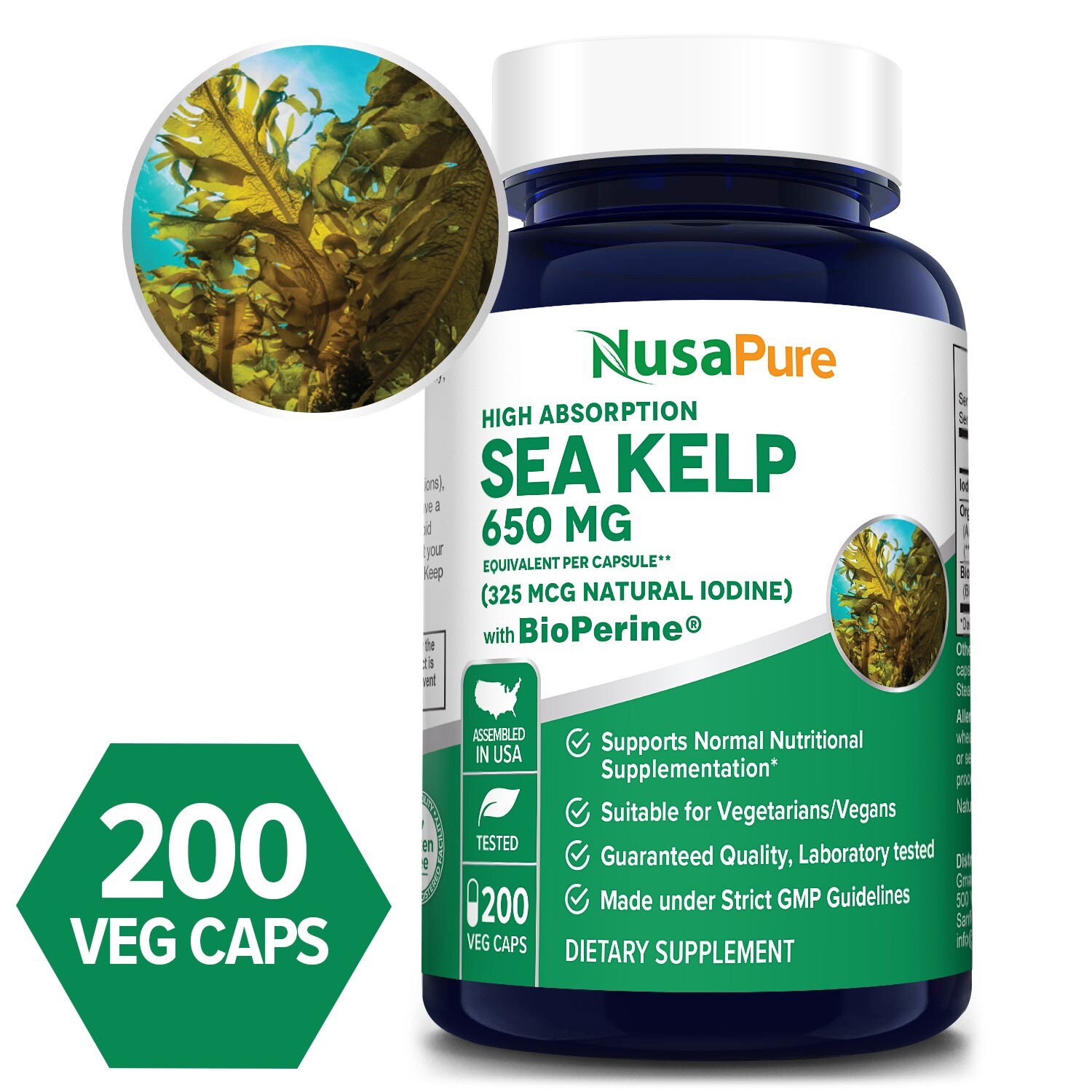 NusaPure Sea Kelp 325mcg 200 Veggie Capsules Non-GMO & Gluten Free