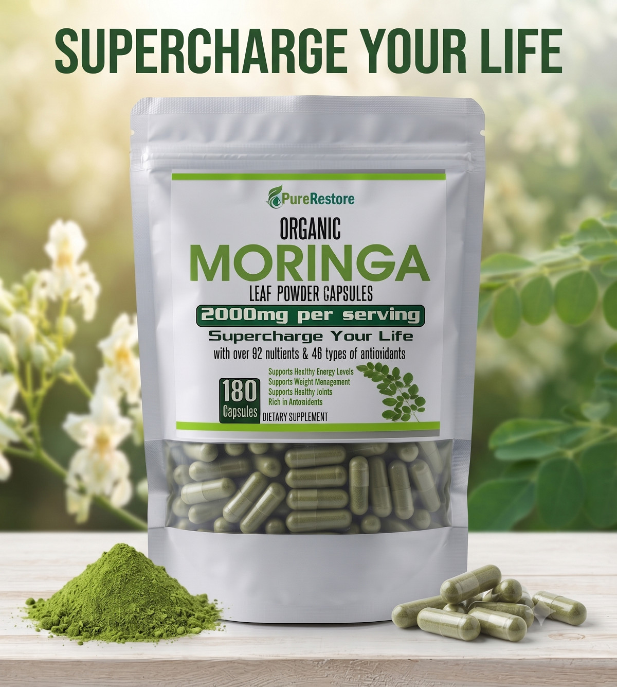 Organic Moringa Leaf Powder Capsules 2000mg, 120 Capsules