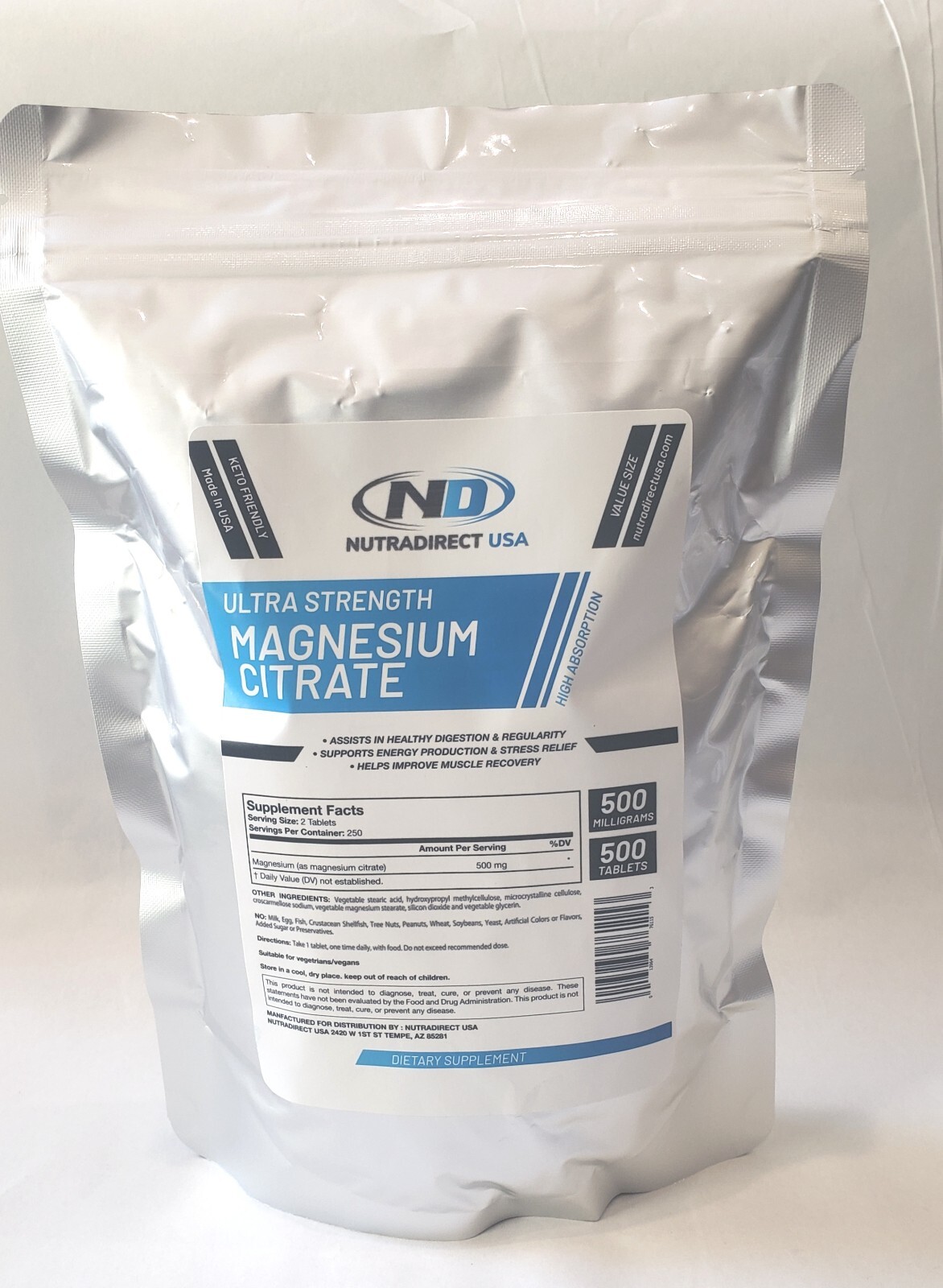 NutraDirect Magnesium Citrate 500mg – 500 Tablets EXP: MAY 2025