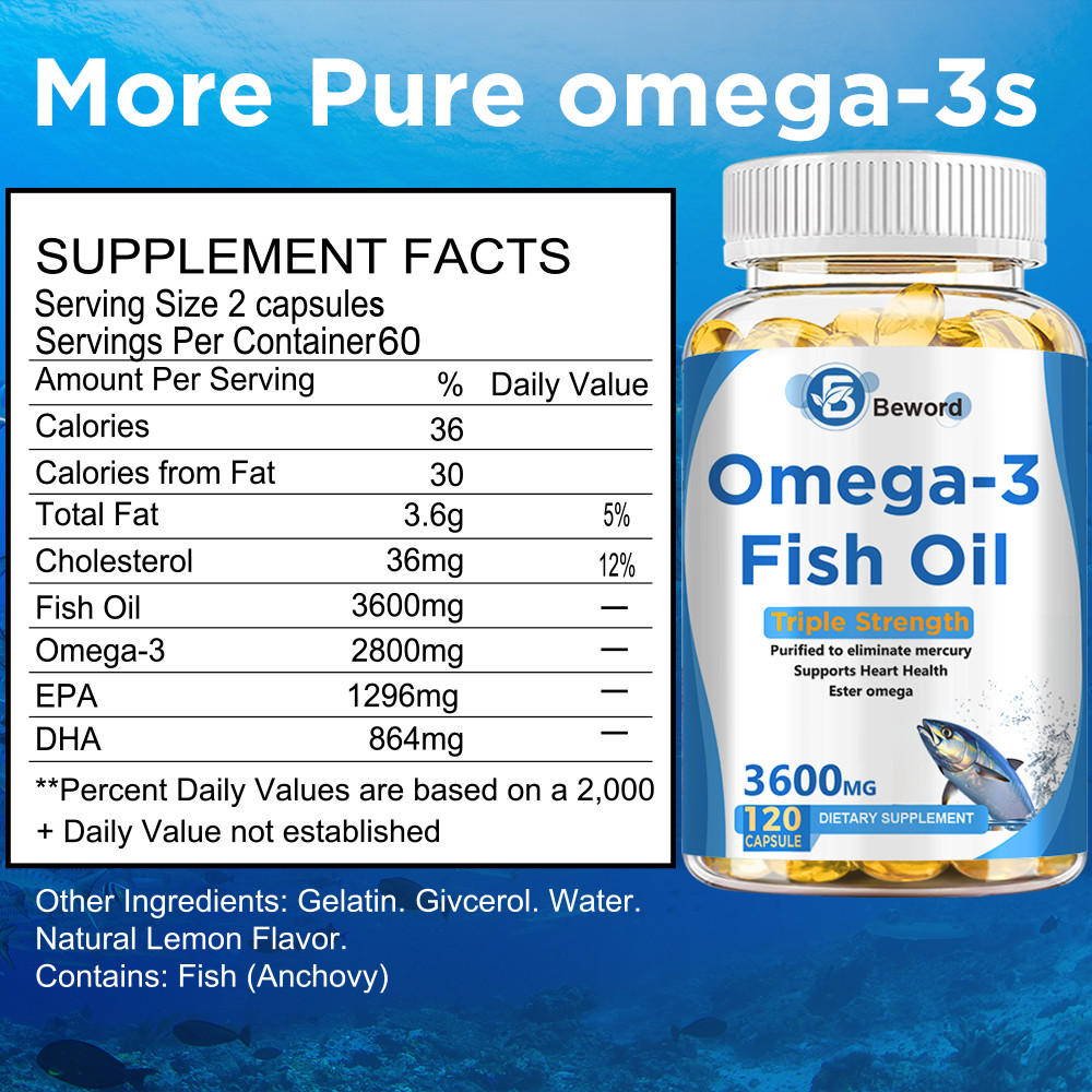 3600mg Omega 3 Fish Oil Capsules 3x Strength EPA & DHA, Highest Potency-