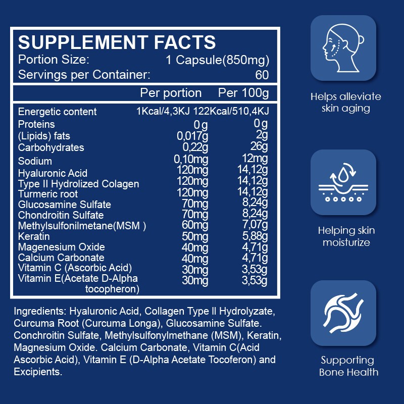 850mg Hyaluronic Acid 30 mg of Vitamin C For Joint and Skin Health 1/2/4Bottles