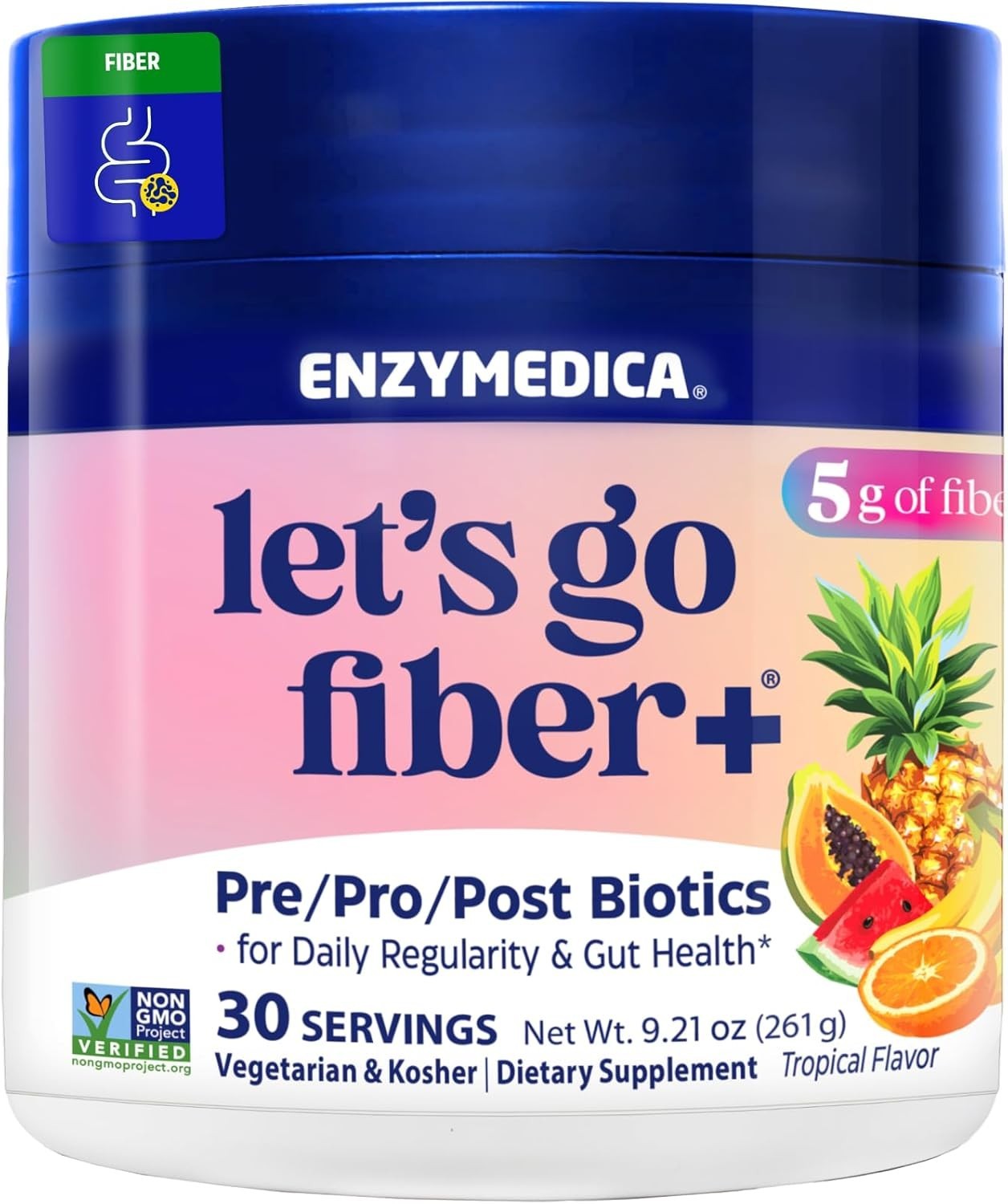 Enzymedica, Let’s Go Fiber+ Tropical Flavor, Prebiotics & Probiotics – 9.21 oz.
