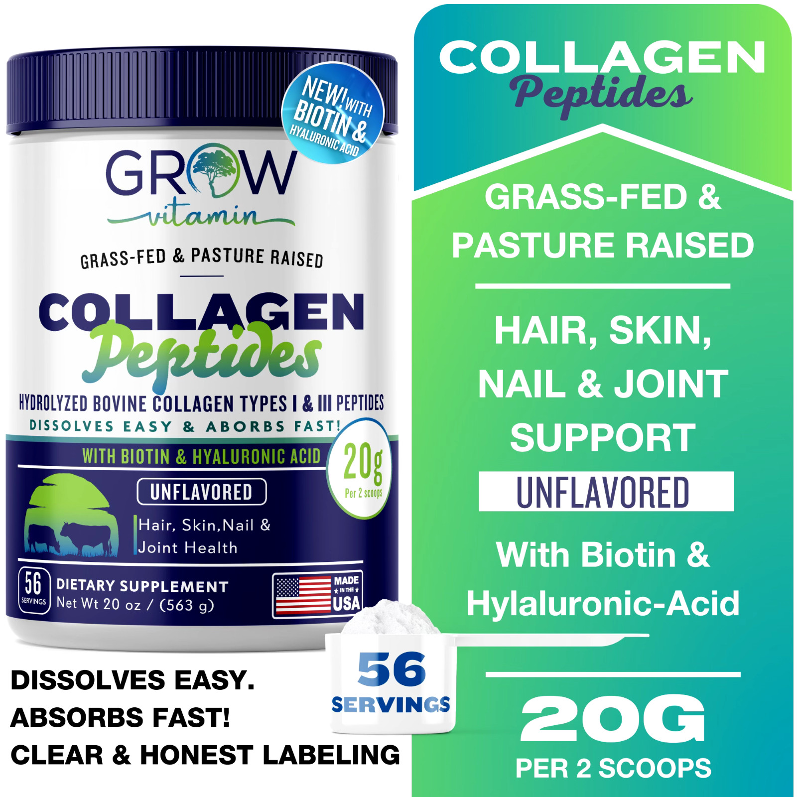Grass-Fed Collagen Peptides Hydrolyzed biotin, Made In Usa, Non-Gmo, 56 Servings