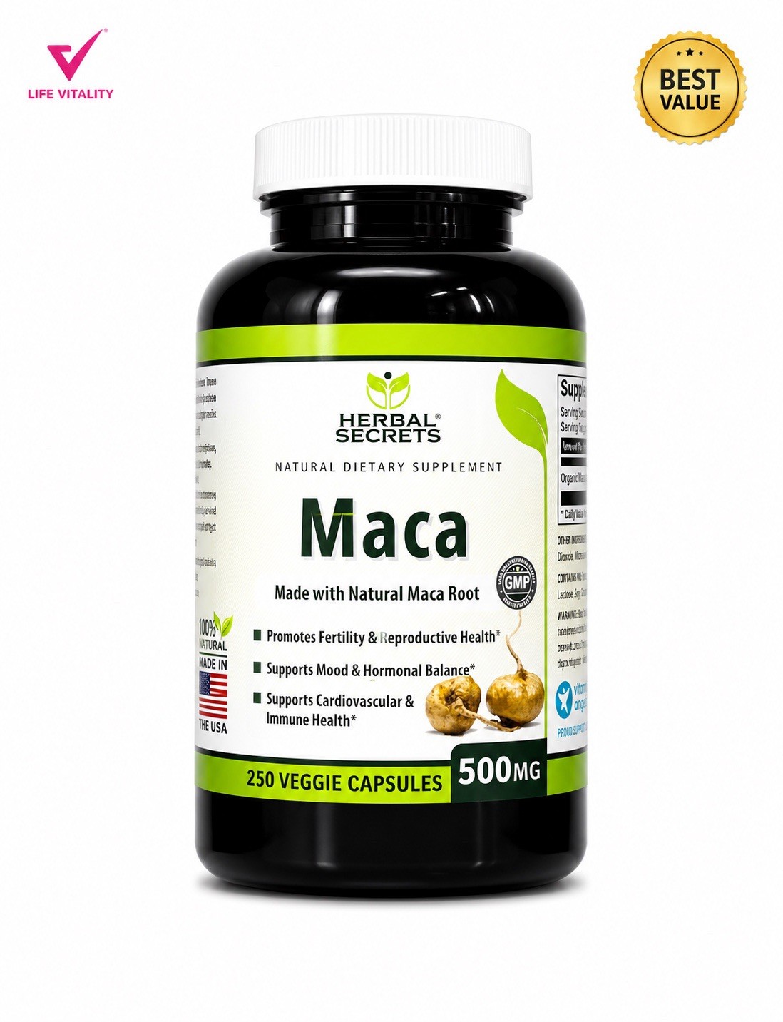 Maca Root 500mg 250 Veggie Capsules Herbal Supplement Daily Wellness