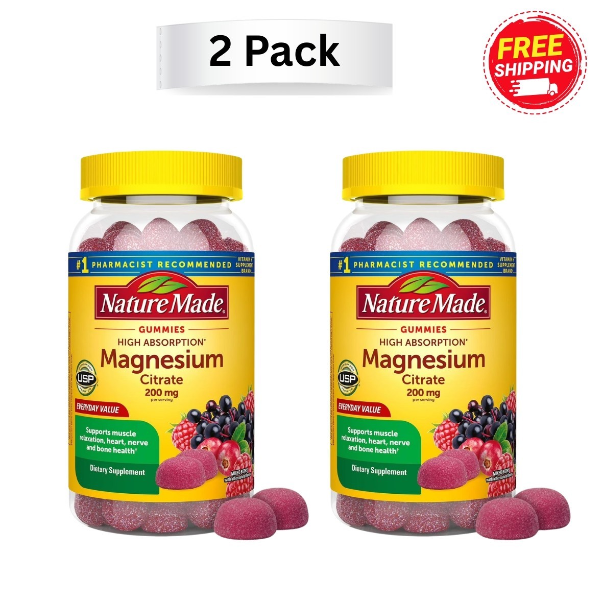 Magnesium Citrate Gummies 64-Count Nature Made High Absorption 200 MG ( 2 Pack)