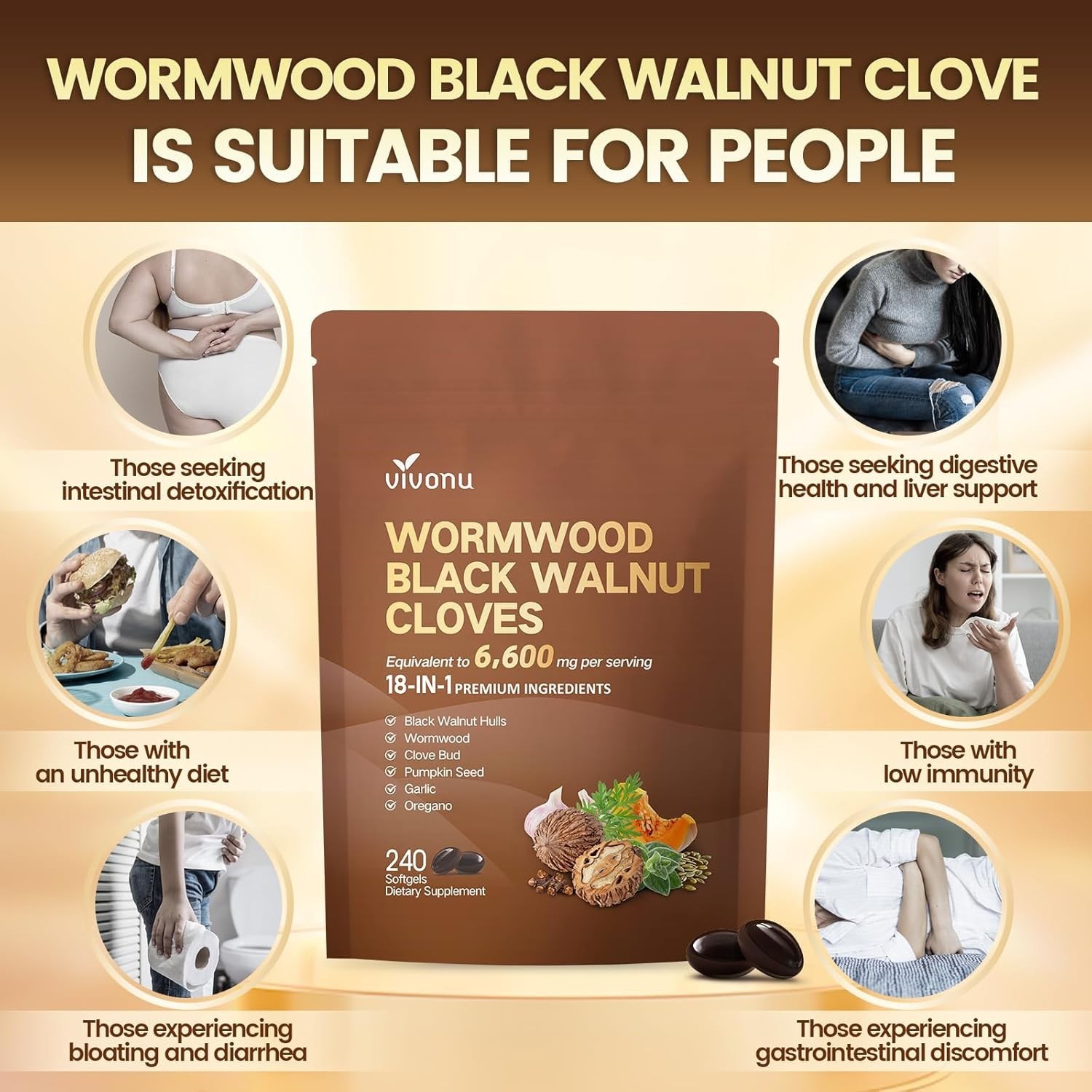 NEW Vivonu Wormwood Black Walnut Cloves 240 Softgels 18-in-1 Detox 6600mg Eq