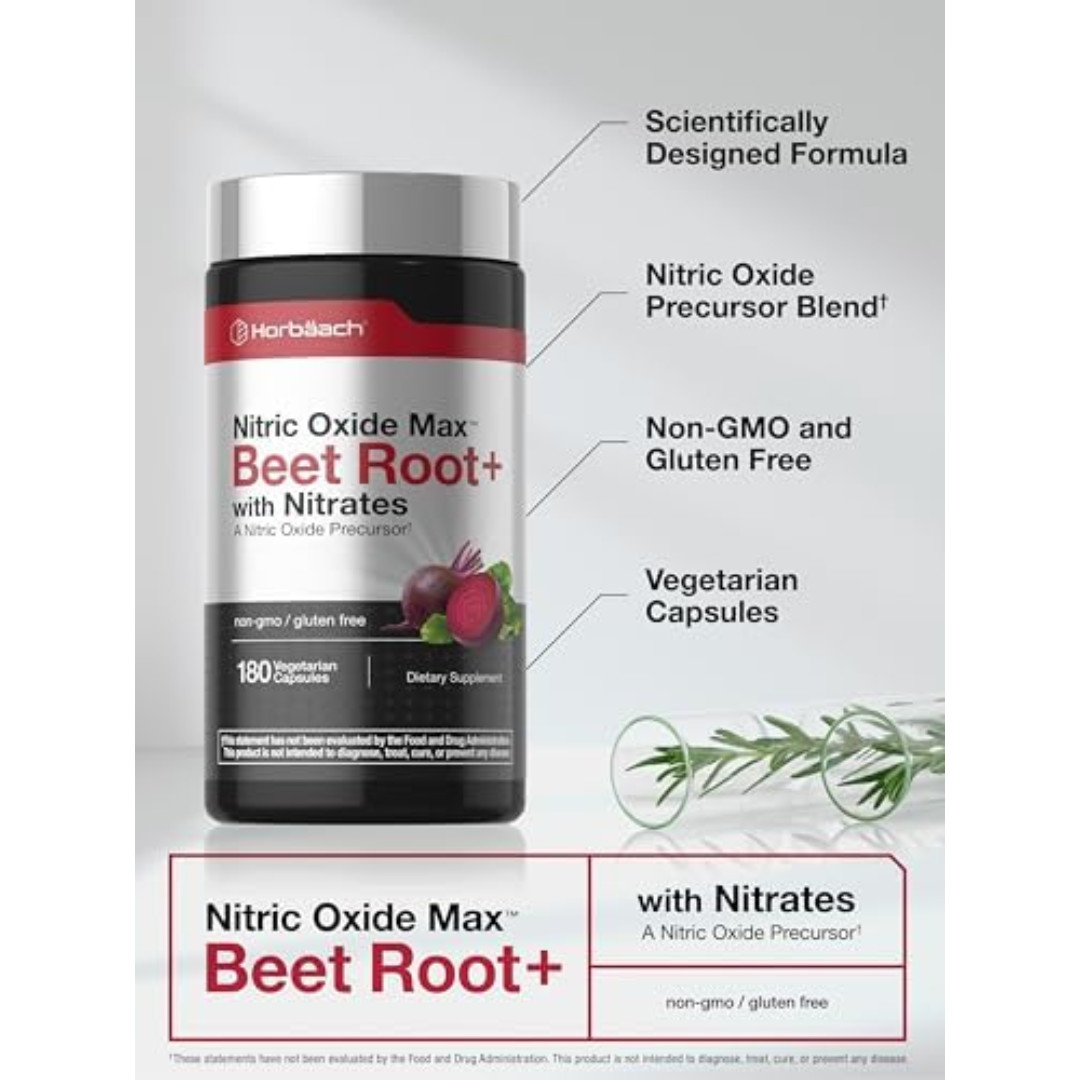 Nitric Oxide Beet Root Capsules | With Nitrates | 180 Count | by Horbaach