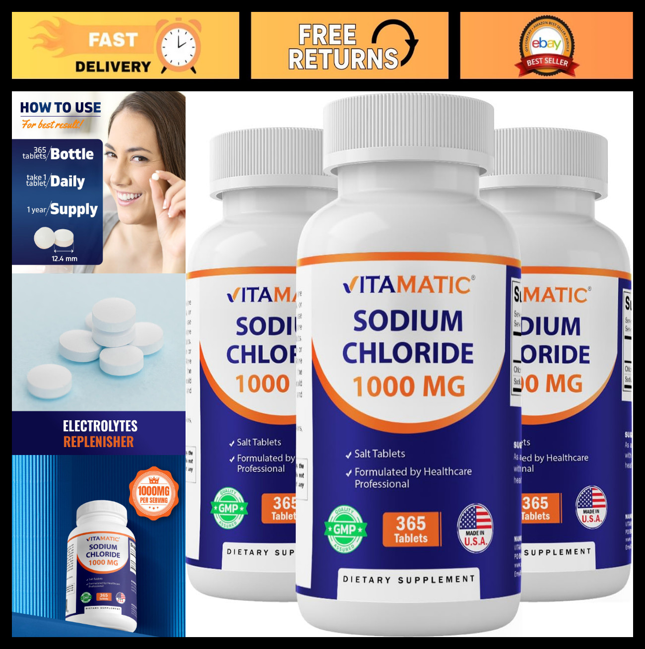Sodium Chloride 1000mg – 365 Tablets Electrolyte Replenisher, Hydration Support