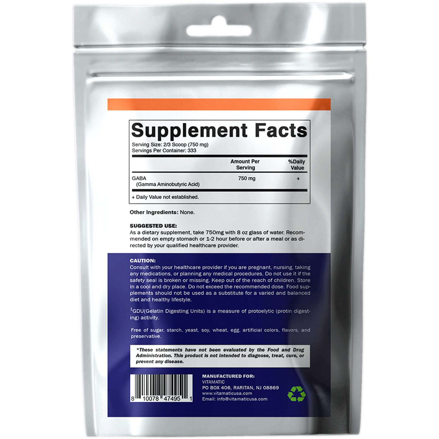 Vitamatic GABA Powder 750mg per Serving -250gms – 333 Servings