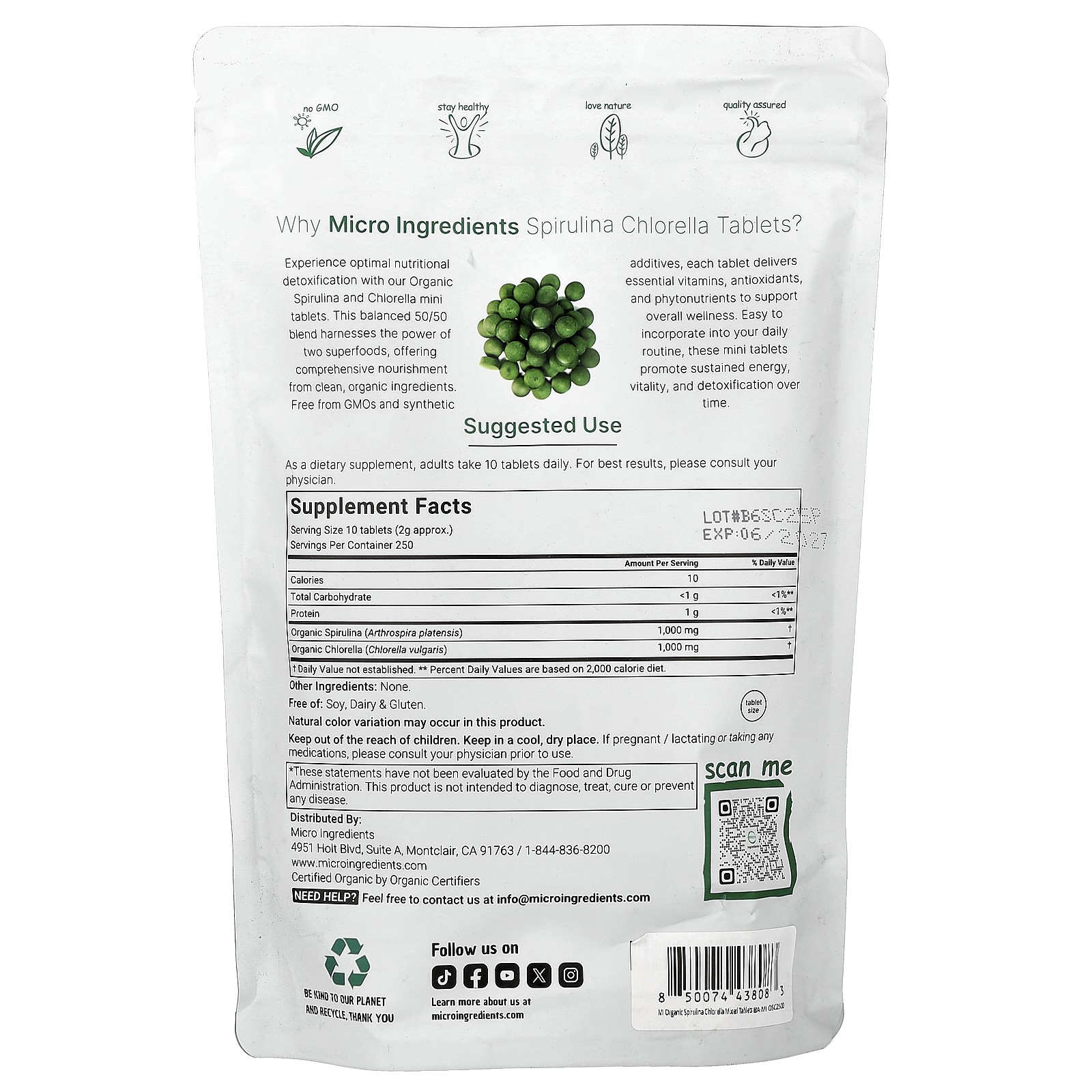 Organic Spirulina Chlorella, 2,500 Mini Tablets