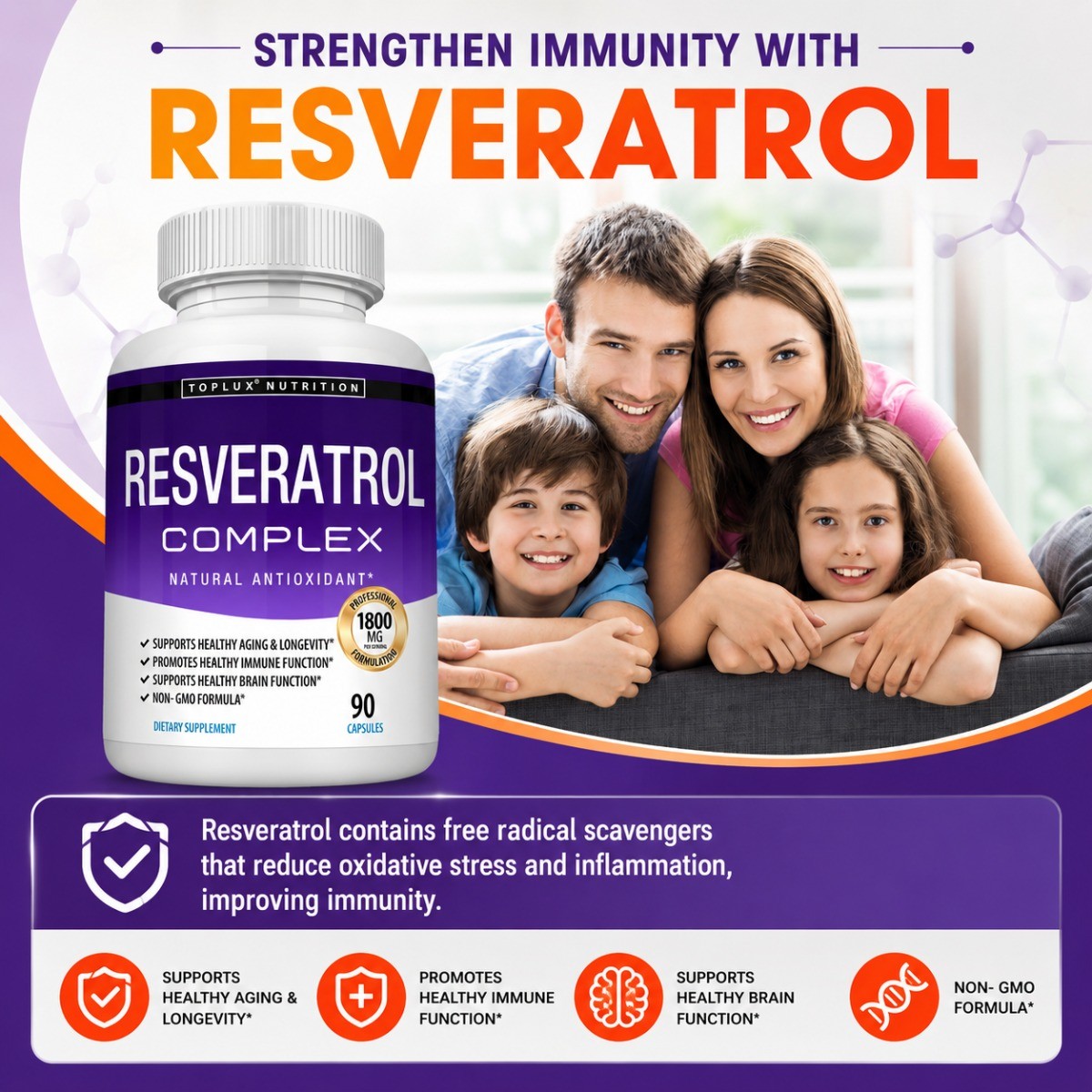 Resveratrol Complex 1800mg, Natural Antioxidant 90 Non-GMO Capsules