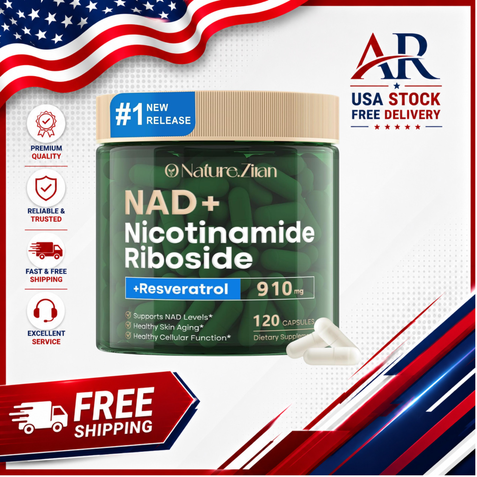 NAD+ Supplement for Anti Aging, Energy, Focus Nicotinamide Riboside Resveratrol