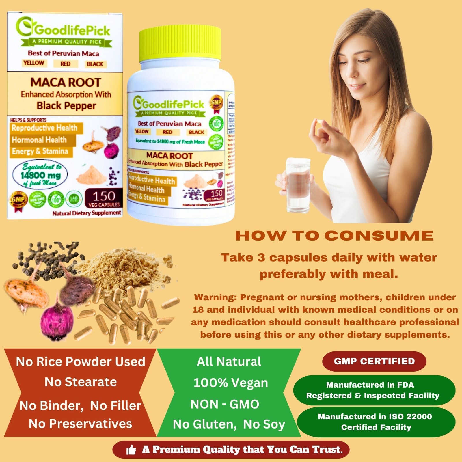 Maca Root Capsules. Yellow Maca Black Maca Red Maca & Black Pepper-150 capsules