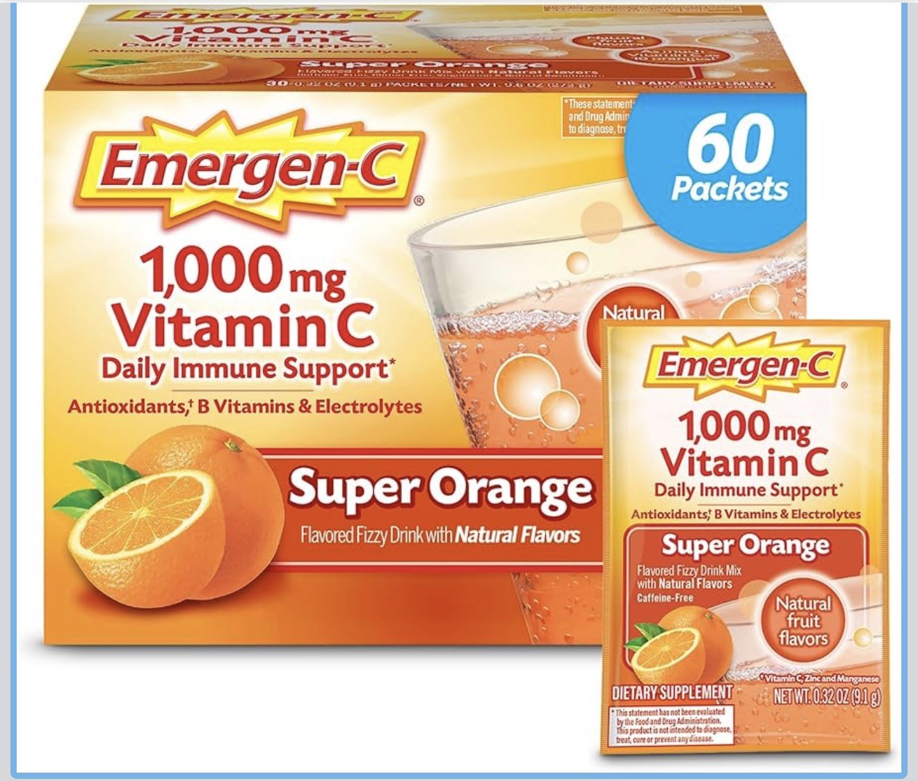 2 pack Emergen-C Fizzy Drink Mix Super Orange 1000 mg Vitamin C 60 Packets Total