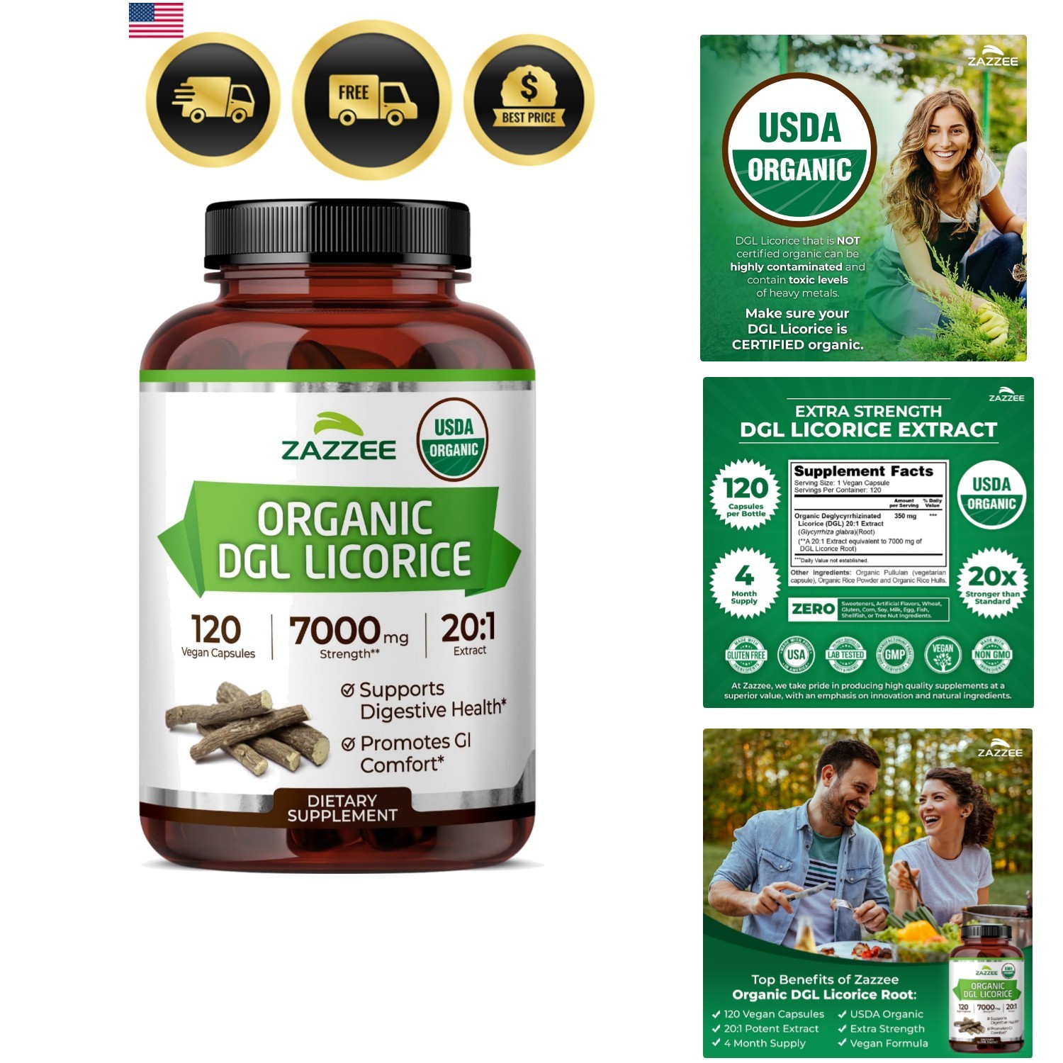 USDA Organic DGL Licorice 20:1 Extract, 120 Capsules, 4 Supply, Deglycyrrhi…