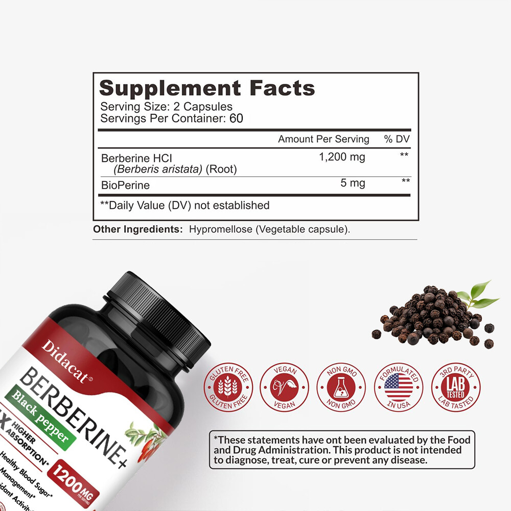 Berberine+Black Pepper Capsules 1200mg Supports Blood Sugar,Weight Management