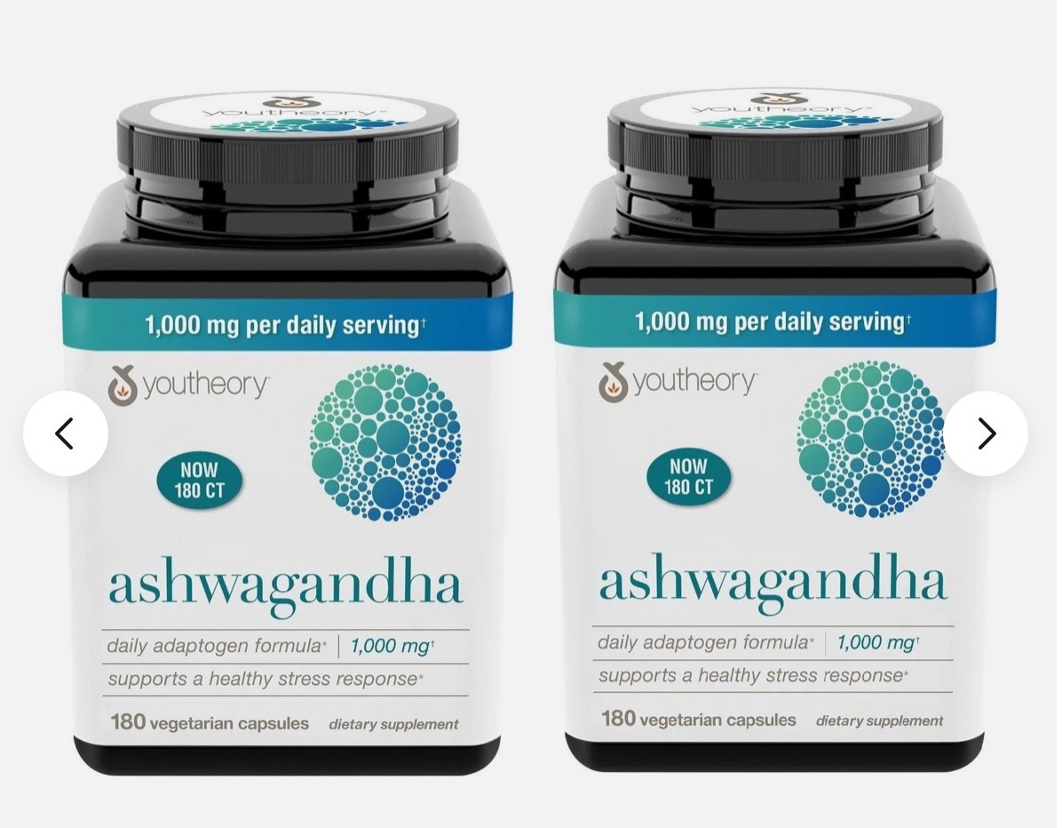 2 X Youtheory Ashwagandha 1000 mg, 180 Vegetarian Capsules Exp: 05/27
