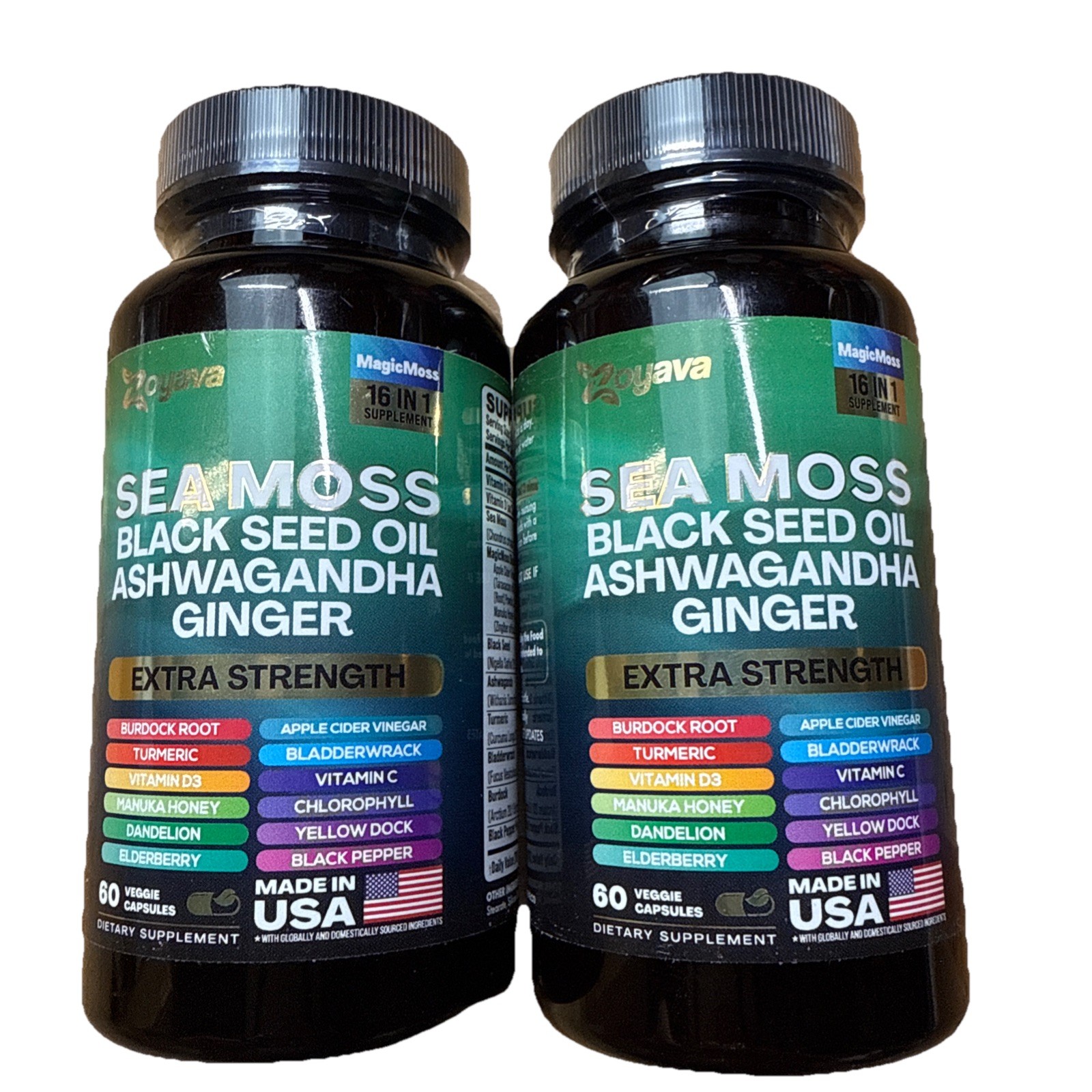 2 Pack Zoyava Sea Moss Black Seed Oil Ginger Ashwagandha Turmeric 120 Caps