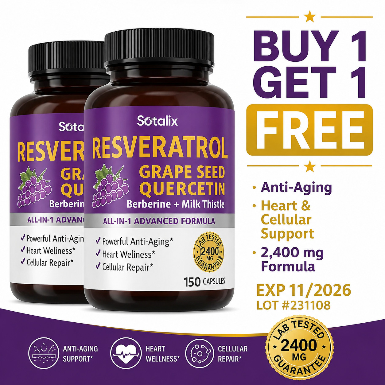 Sotalix Resveratrol 2400mg – Buy 1 Get 1 Free – Grape Seed, Quercetin, Berberine