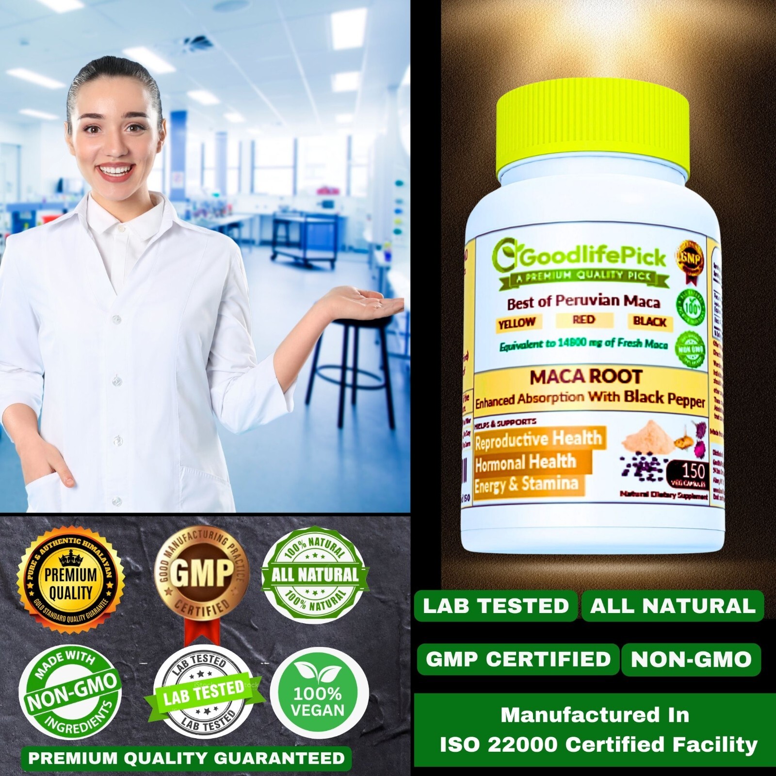 Maca Root Capsules. Yellow Maca Black Maca Red Maca & Black Pepper-150 capsules