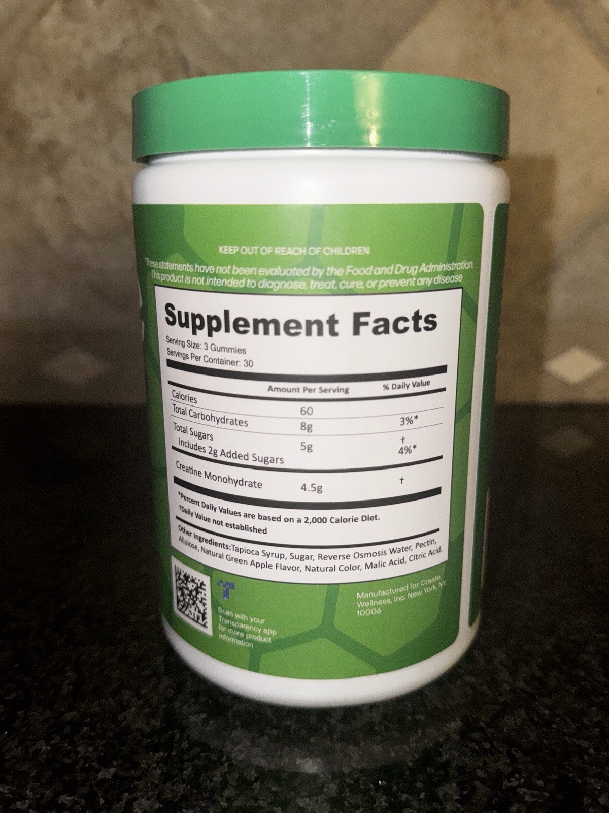 Create Creatine Gummies Sour Green Apple 90 Ct Creapure NSF Certified